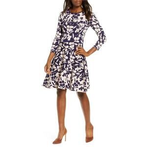 Eliza J Navy and Pink Floral Knit Fit and Flare Dress Size Medium